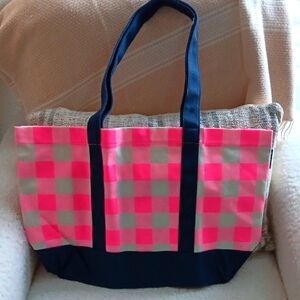 J. Crew Stylish Pink and Navy Blue Checkered Tote Bag